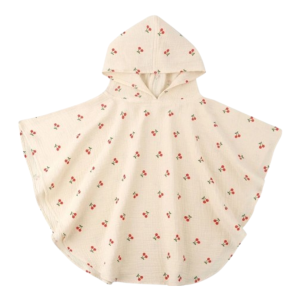Poncho de bain bébé en coton léger beige motif cerise